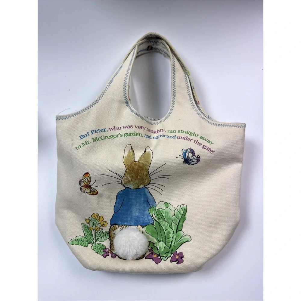 Beatrix Potter Peter Rabbit Lined Canvas Tote Bunny Pom Pom Tail‎ Small Handbag